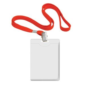 Name badge FOROFIS plastic 90x58mm vertical with red lanyard 42cm (polyester)
