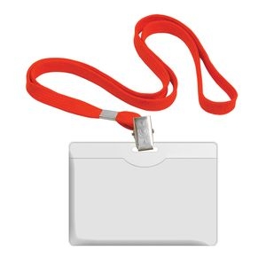 Name badge FOROFIS plastic 90x58mm horizontal with red lanyard 42cm (polyester)
